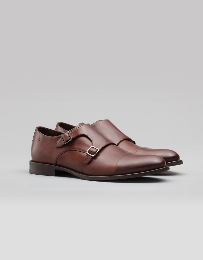 Jasnobrązowe buty monki skórzane p001