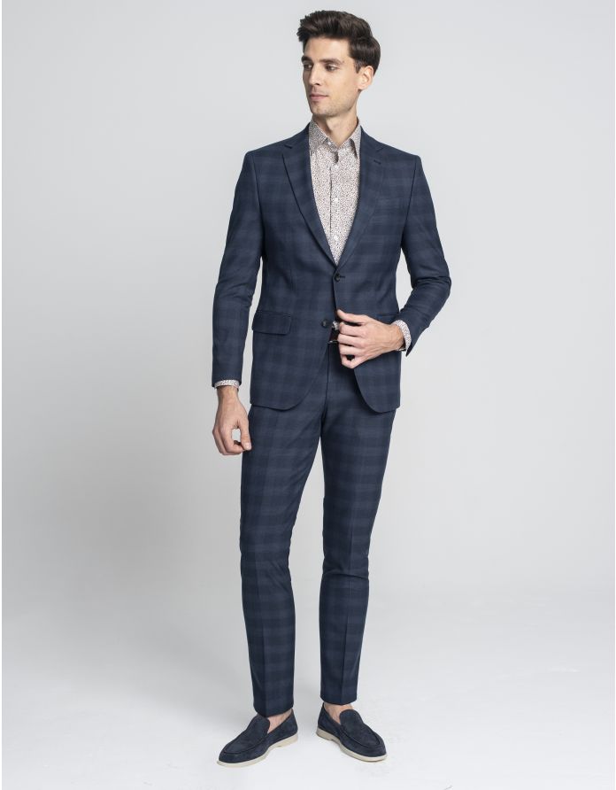 marynarka do zestawu strano granatowa w kratę slim fit