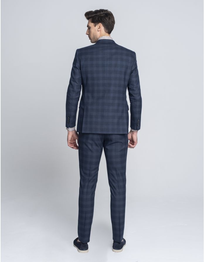 marynarka do zestawu strano granatowa w kratę slim fit