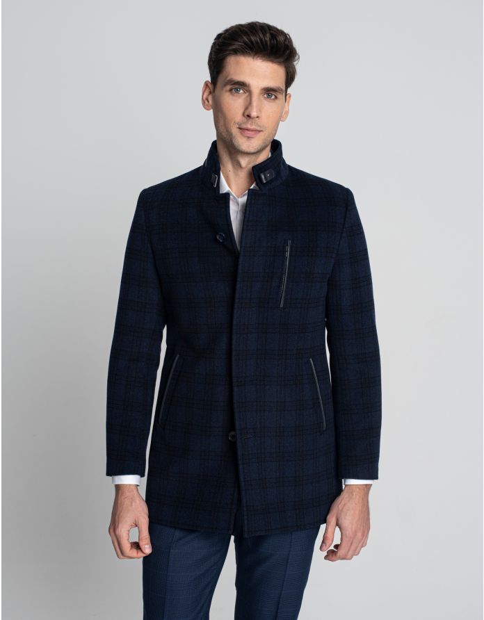 płaszcz w kratę ze stójką noto granatowy