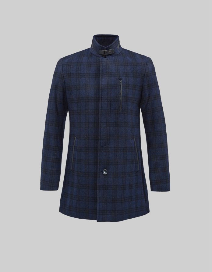 płaszcz w kratę ze stójką noto granatowy