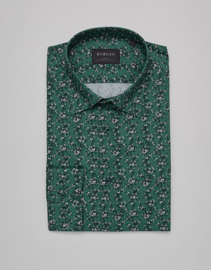 koszula zielona w kwiaty calimera 00360 długi rękaw slim fit