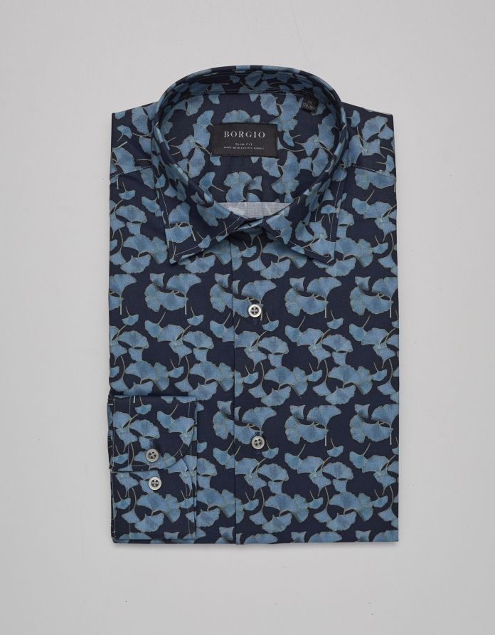 koszula granatowa w kwiaty calimera 00361 długi rękaw slim fit