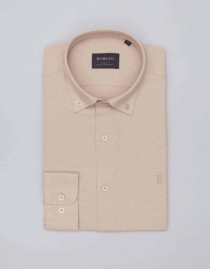 koszula oleggio 00465 długi rękaw beżowy slim fit