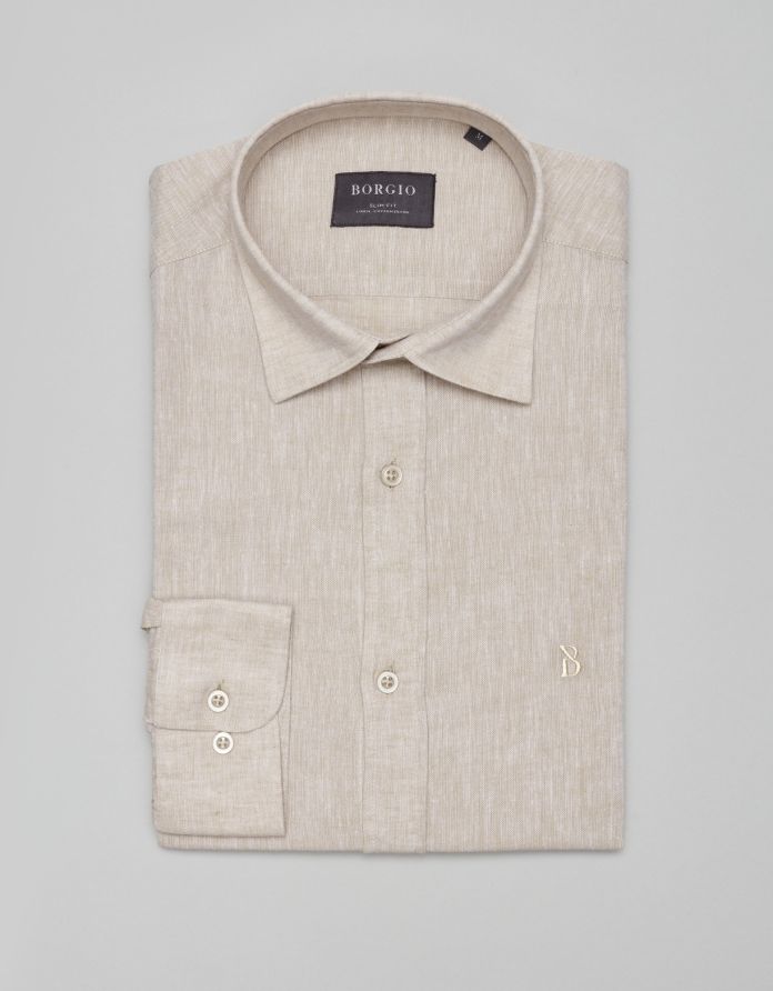 koszula lentane 00481 długi rękaw beżowy slim fit