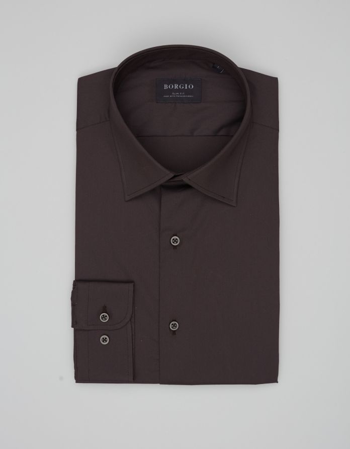 koszula mortara 00645 długi rękaw brązowa (gi) slim fit