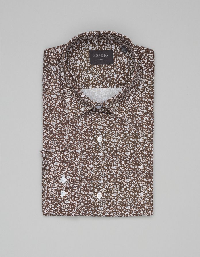 Koszula calimera 00658 długi rękaw brązowa slim fit