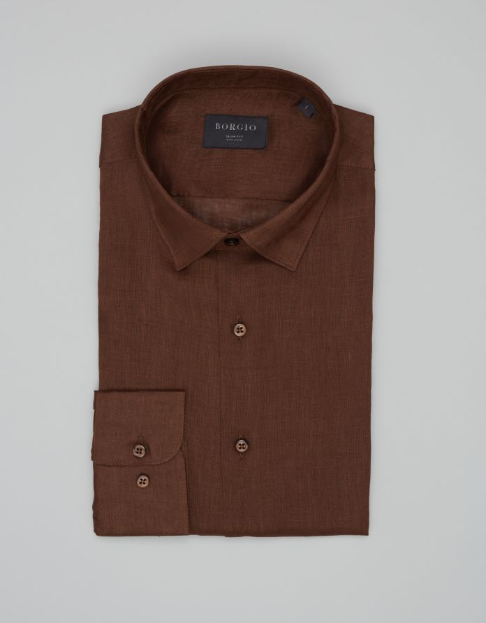 koszula linosa 00670 długi rękaw brązowa slim fit