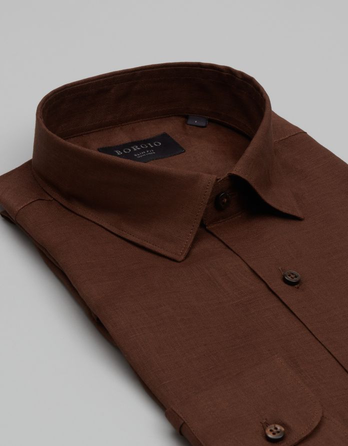 koszula linosa 00670 długi rękaw brązowa slim fit