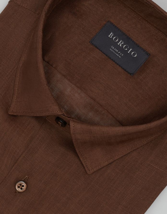 koszula linosa 00670 długi rękaw brązowa slim fit