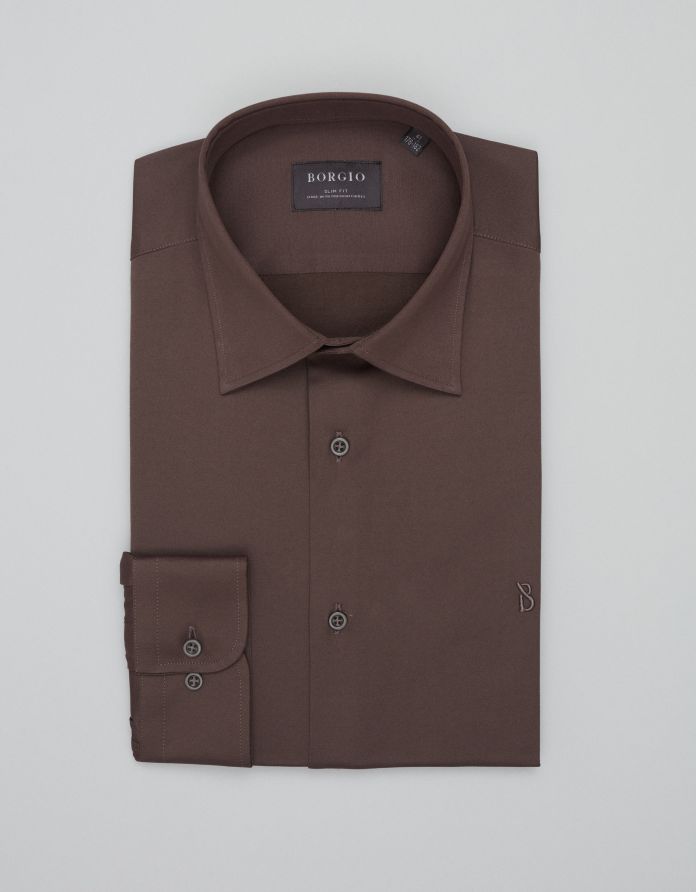 koszula acconia 00687 długi rękaw brązowa slim fit