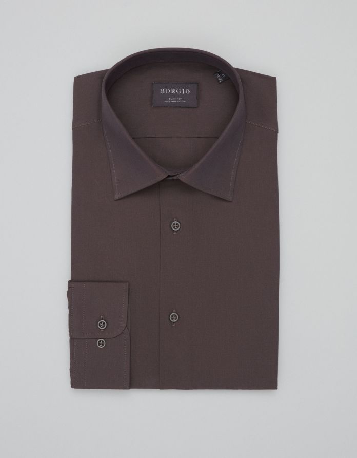 koszula ascoli 00689 długi rękaw brąz slim fit